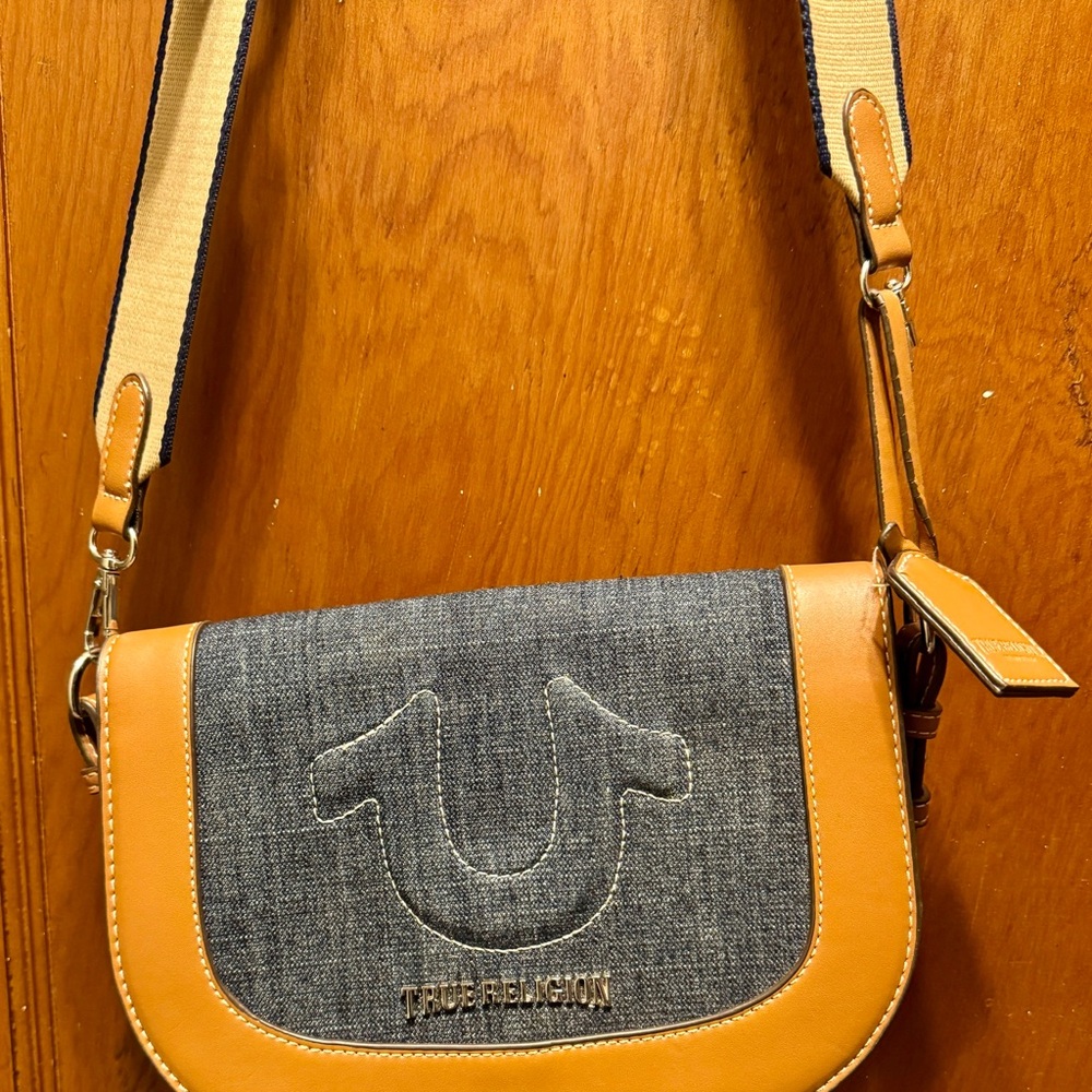 True Religion Blue and Tan Crossbody Bag